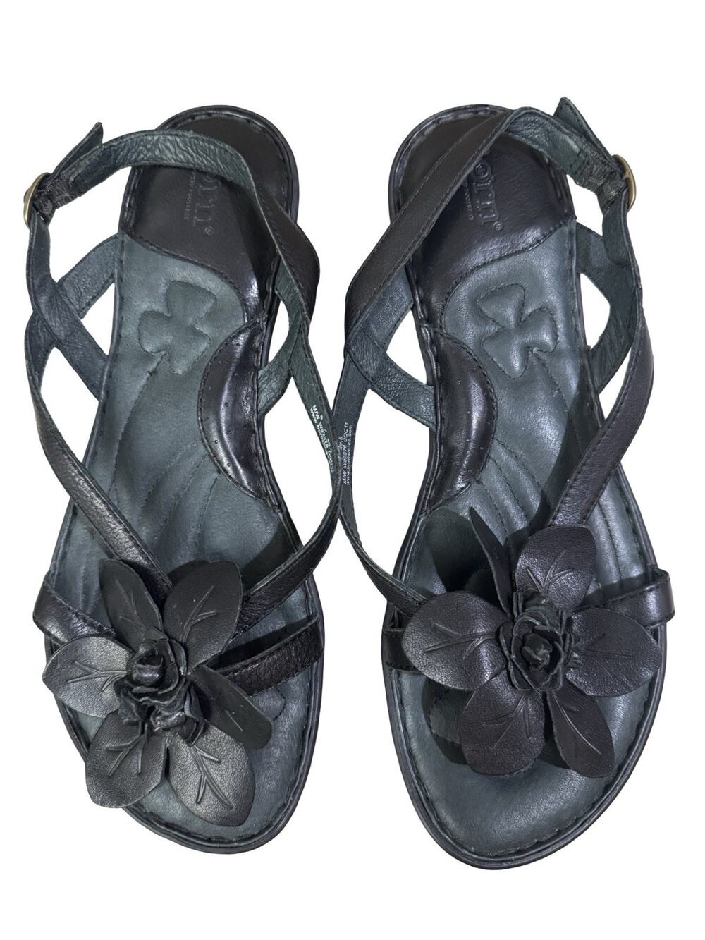 BORN Black Leather Flower Thong Slingback Flat Women's Sandals Size 9